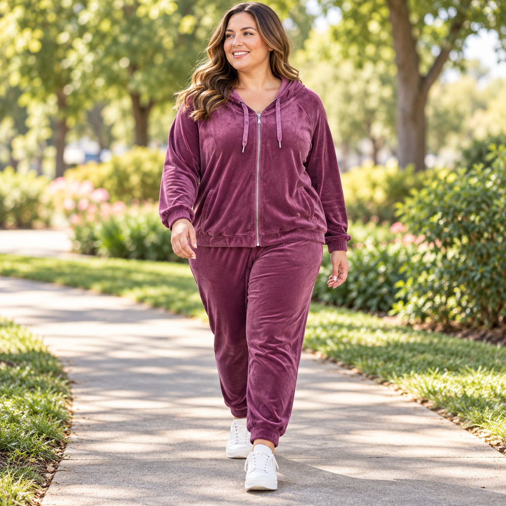 Women’s Gray Velour 2-Piece Tracksuit Set Hooded Zip Jacket Pants 2XL Plus